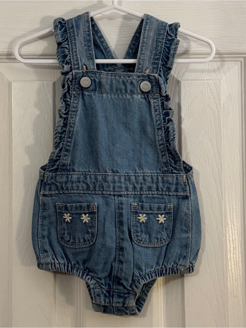 Old Navy Baby Girl Blue Denim Ruffle Strap Bubble with Embroidered Daisy Pockets